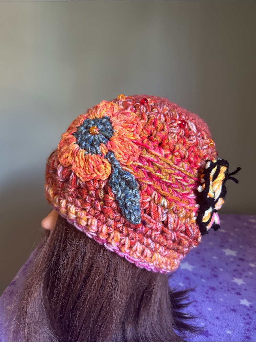 Crochet flower orange beanie medium soft acrylic yarn new